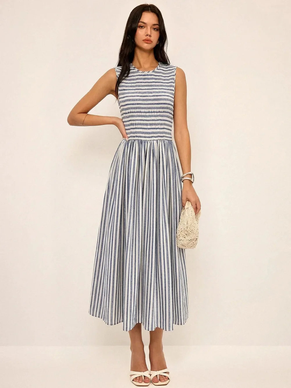 COMMENSE Striped Cotton Sleeveless Smocked Maxi Dress - size XSmall